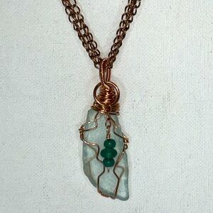 Handmade Copper Wire Set Sea Glass Beaded Dangle Necklace